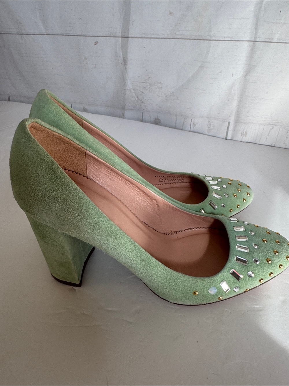J. Crew Size 5 Bell Mint Green Suede Jeweled Block Heel Pumps Made in Italy